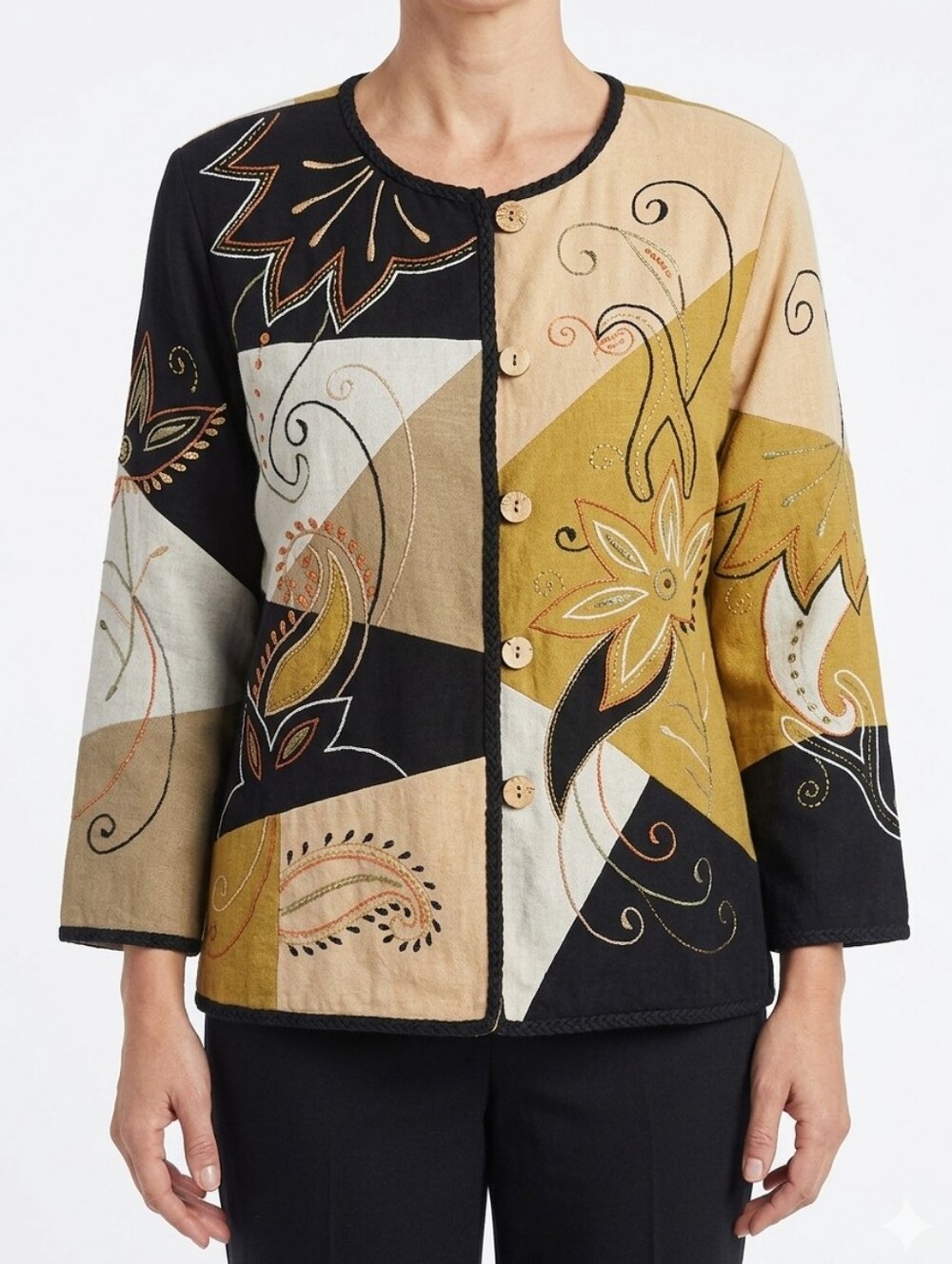 Vintage Indigo Moon Embroidered Patchwork Jacket - Size L